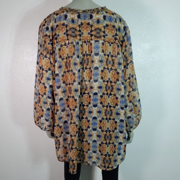 Nine West Top Plus Size 3X High Low Beaded Semi Sheer Pocket Long Sleeve Blue - Picture 3 of 5